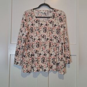 Pure Jill Abstract Watercolor Top Long Sleeve White Pink Gray Medium Petite MP